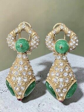 Sultans Snake 18k Gold Plated Pave Crystal Jade Emerald Ruby Dangle Earrings